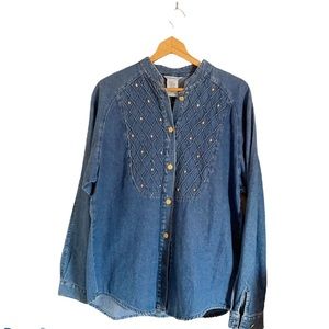 Alexa Em Studded Blue Denim Button Front Long Sleeve Mandarin Collar Shirt Sz L